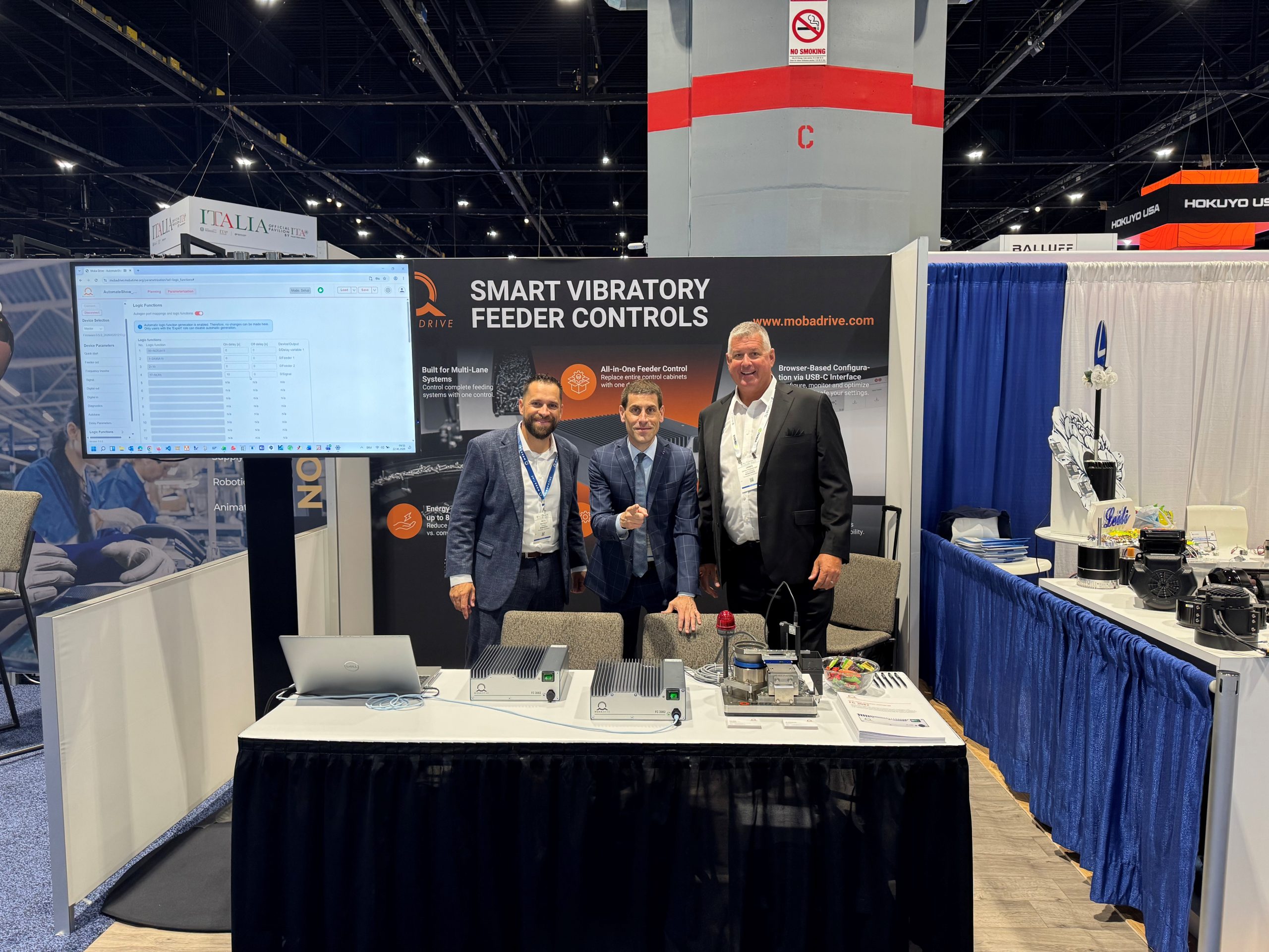 MOBADRIVE team at Automate 2026 in Chicago presenting vibratory feeder control solutions at the exhibition booth.