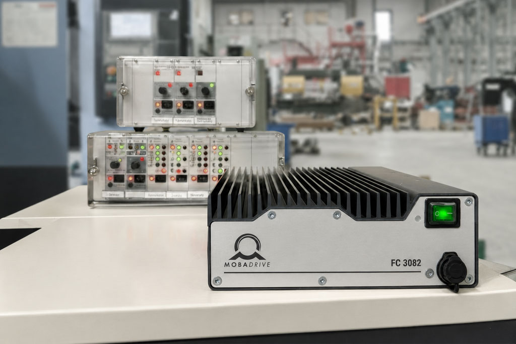 MOBADRIVE FC 3082 frequency controller displayed in the foreground of a production environment, with older Schmocker SE-series control units stacked behind it, illustrating the evolution from legacy feeder controllers to the new MOBADRIVE generation.