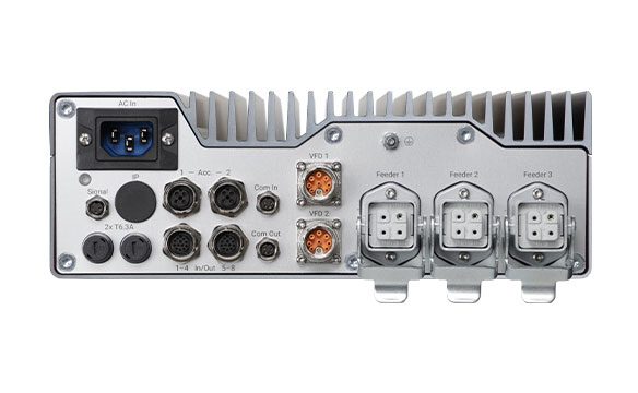 Rear view of the MOBADRIVE FC 3082, showing the connection panel with AC input, communication interfaces, VFD outputs and three feeder connectors, with the top heat sink visible.