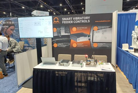 MOBADRIVE booth at Automate 2026 showing the FC 3082 frequency controller, live demo setup and browser-based control interface.